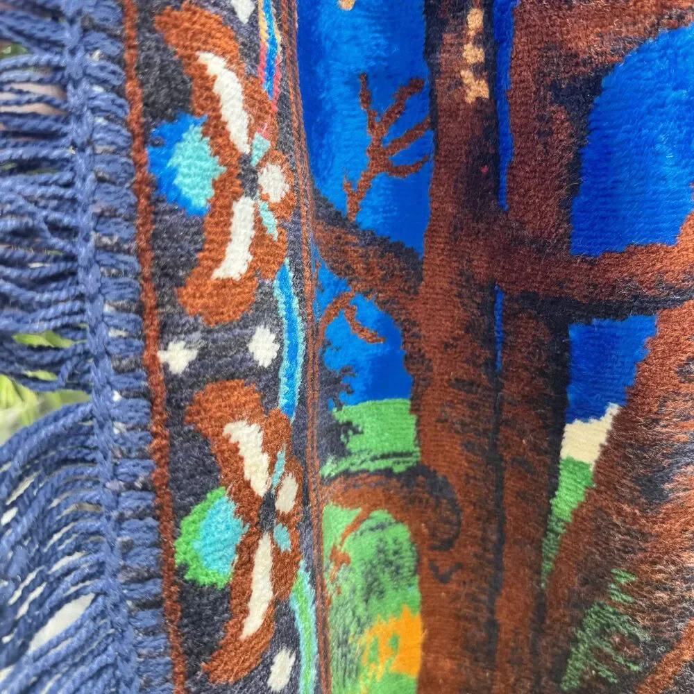 Vtg Velour Velvet Tapestry Wall Hanging Elk Deer Cabin Meadow Landscape Cabin